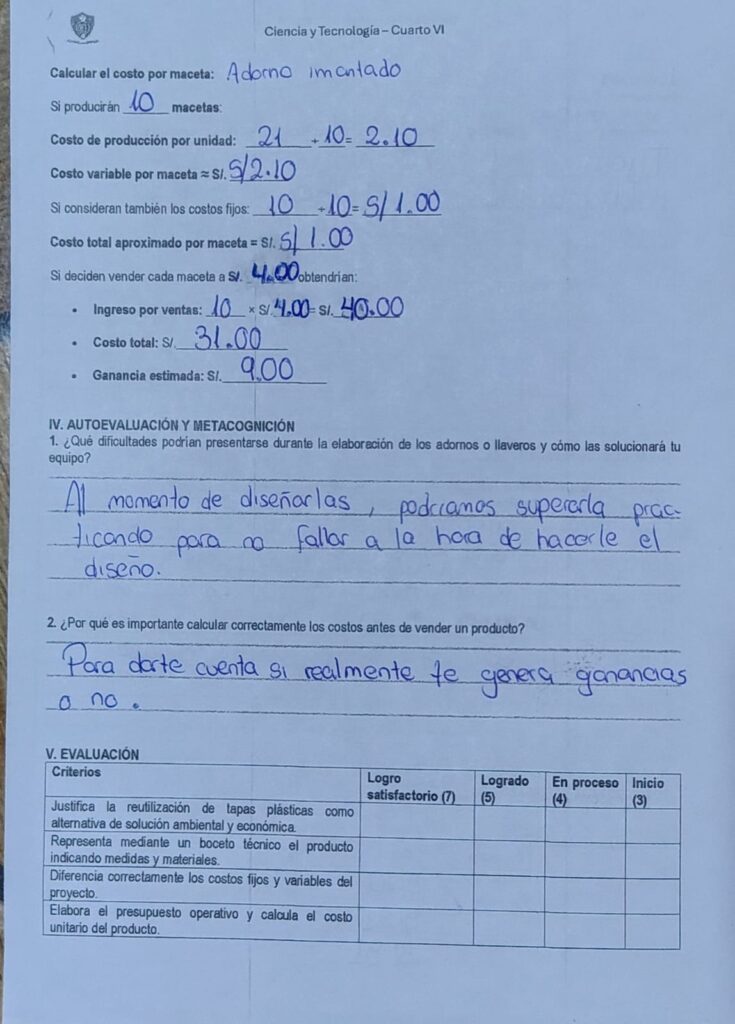 Sesión de aprendizaje 1 “Construimos nuestro producto sostenible optimizando recursos y tiempos”