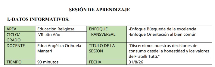 ESCUELA INTEGRAL – Sesión de aprendizaje “Discernimos nuestras decisiones de consumo”