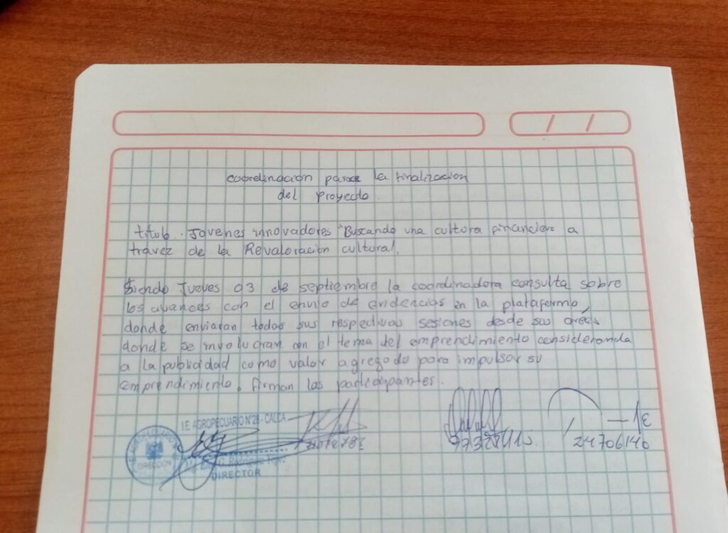 ESCUELA INTEGRAL- ACTA DE COLEGIADO 1- PROYECTO INTEGRAL-JOVENES INNOVADORES, BUSCANDO UNA CULTURA FINANCIERA A TRAVES DE LA REVALORACION CULTURAL.