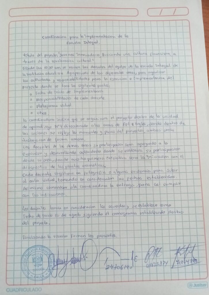 ESCUELA INTEGRAL- ACTA DE COLEGIADO 1- PROYECTO INTEGRAL-JOVENES INNOVADORES, BUSCANDO UNA CULTURA FINANCIERA A TRAVES DE LA REVALORACION CULTURAL.